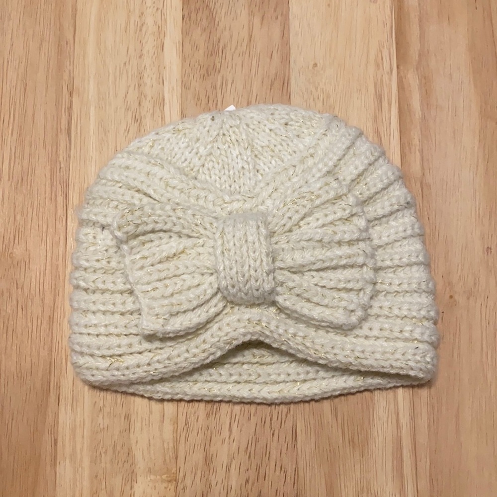 Knit Beanie Bow Ivory with Gold Metallic Thread Detail Size 1-2 YR